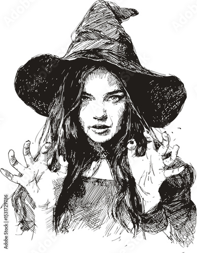 Sketch of a woman in a witch hat gesturing with hands, monochrome illustration. Vector illustration
