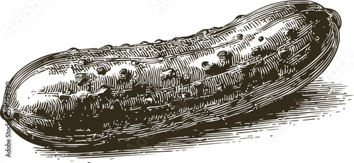Hand-drawn illustration of a detailed cucumber in monochrome color. Vector illustration