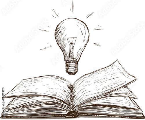 Open book with a glowing light bulb above in a sketch style concept art. Vector illustration