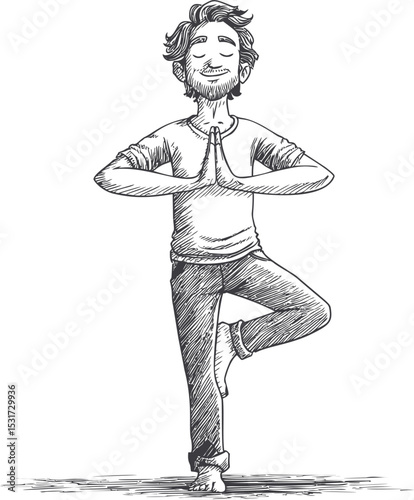 Sketch of a serene man practicing tree pose in casual clothing. Vector illustration
