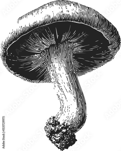 Detailed black and white vector illustration of a mushroom in sketch style