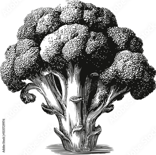 Detailed black and white illustration of a broccoli plant, vintage etching style. Vector illustration