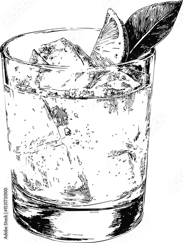 Black and white sketch of a cocktail glass with ice, lemon, and mint leaf. Vector illustration