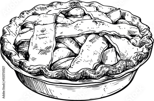 Detailed black and white sketch of a lattice-topped pie with rich textures. Vector illustration