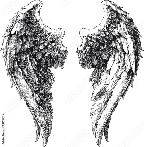 Intricately detailed black and white angel wings in sketch. Vector illustration