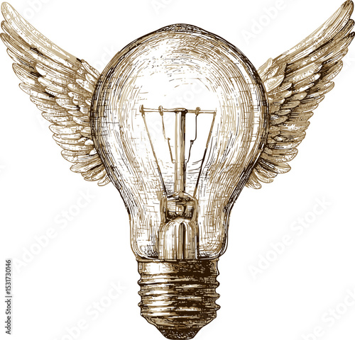 Vintage light bulb sketch with detailed wings and creative concept. Vector illustration