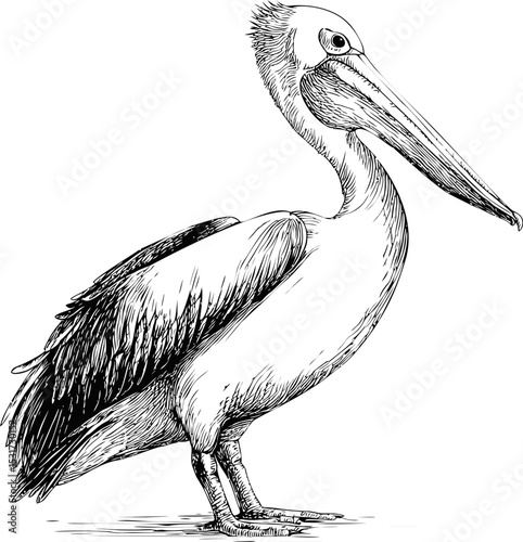 Detailed black and white illustration of a standing pelican facing left. Vector sketch illustration