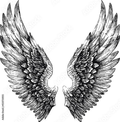 Intricate black and white illustration of majestic angel wings with fine details. Vector illustration