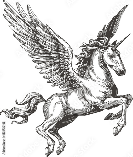Sketch of a majestic pegasus unicorn with detailed wings and flowing mane. Vector illustration