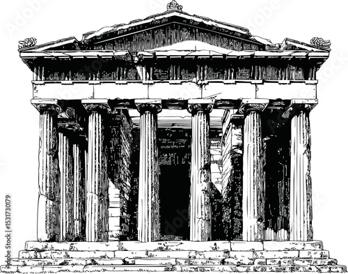 Ancient greek temple sketch showing columns and detailed architectural design. Vector illustration