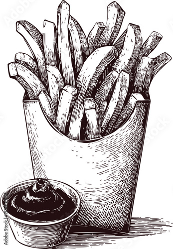 Sketch of french fries in container with dipping sauce. Vector illustration