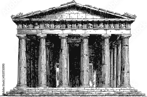 Illustration of an ancient Greek temple with Doric columns and intricate details. Vector illustration