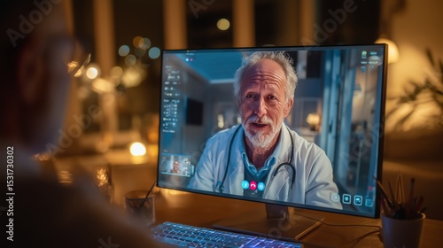 Mature male doctor conducting online consultation with minimalist design