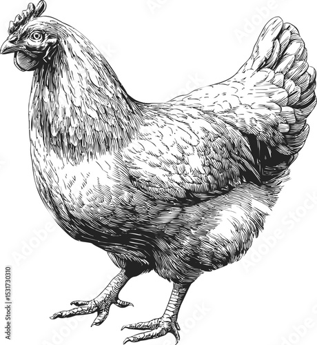 Detailed black and white illustration of a chicken with intricate feather patterns. Vector illustration