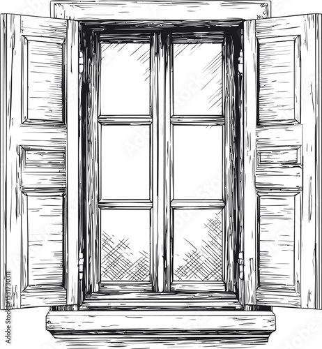 Rustic wooden window sketch with shutters open and intricate details. Vector illustration
