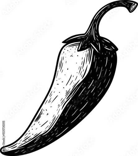 Black and white illustration of a jalapeno pepper, hand-drawn sketch. Vector illustration