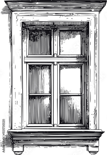 Sketch of vintage rustic wooden window with detailed trim in black and white. Vector illustration