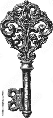 Intricate vintage key illustration with ornate swirls and detailed design. Vector illustration