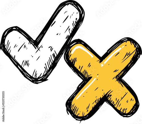 White check mark and yellow cross mark sketch style. Vector illustration
