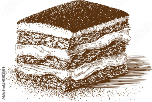 Illustration of a classic tiramisu slice with detailed texture in sepia tones. Vector illustration