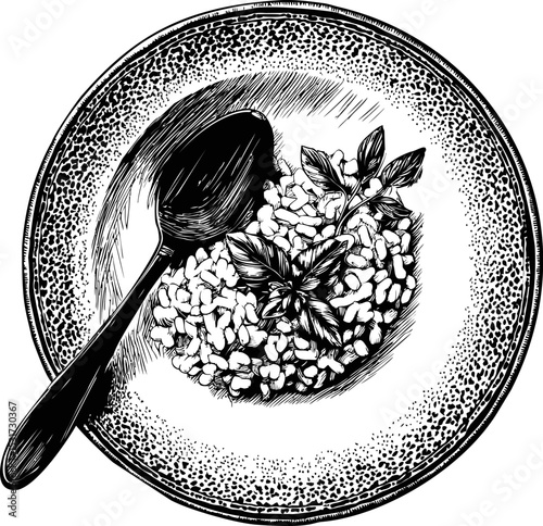 Black and white illustration of rice with basil and spoon on dotted plate. Vector illustration
