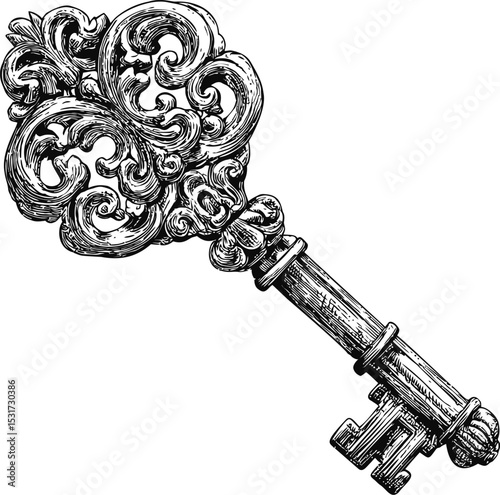Illustration of an ornate vintage skeleton key with intricate floral details. Vector illustration