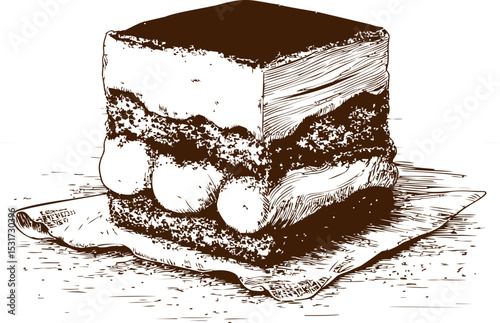 Monochrome sketch of a layered tiramisu cake with cream, vintage style. Vector illustration