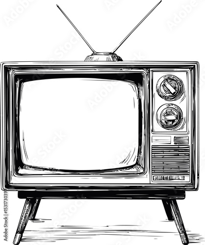 Retro black and white sketch of vintage television with antennas. Vector illustration