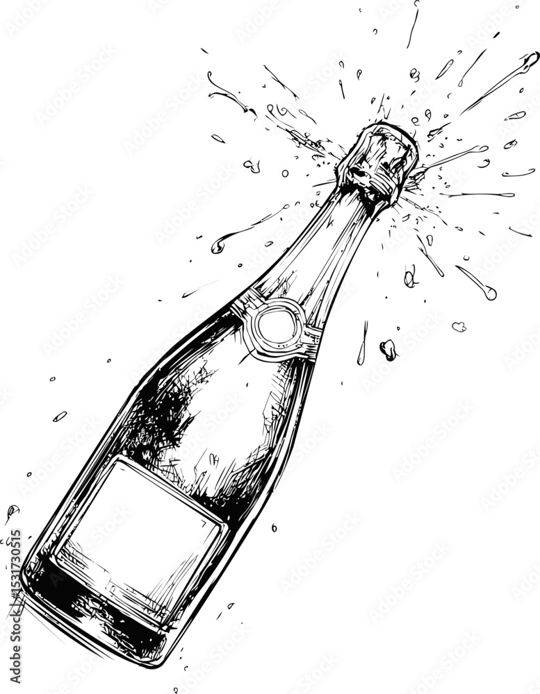 Exploding champagne bottle hand-drawn sketch with splashes and cork popping. Vector illustration
