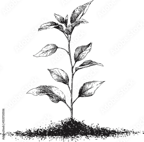 Black and white ink drawing of a young plant sprouting from the soil. Vector illustration