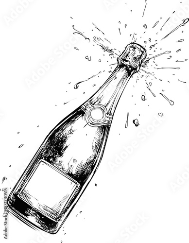 Exploding champagne bottle hand-drawn sketch with splashes and cork popping. Vector illustration