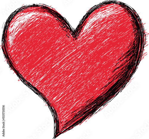 Red textured heart sketch with expressive lines, concept of love. Vector illustration