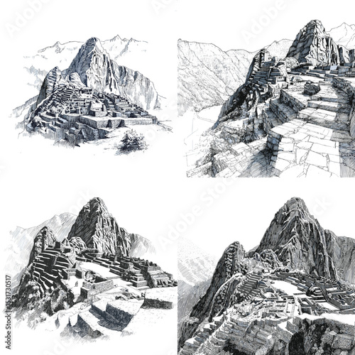 Detailed black and white hand-drawn sketches of Machu Picchu ruins and surrounding Andean mountains, highlighting historical and cultural heritage.

