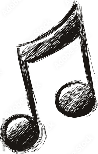 Abstract black and white sketch of musical note with rough brush strokes. Vector illustration