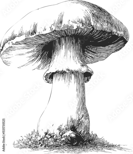 Detailed black and white illustration of a giant mushroom, art style. Vector illustration