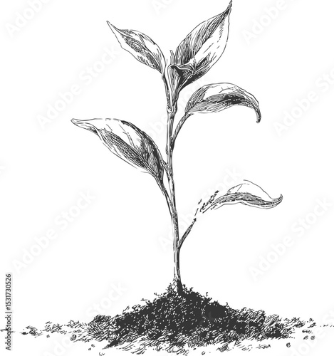 Detailed black and white sketch of a young plant growing from soil. Vector illustration