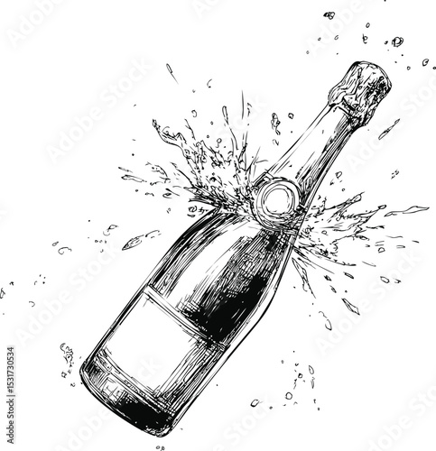 Illustration of champagne bottle exploding with splashes of liquid and cork flying. Vector illustration