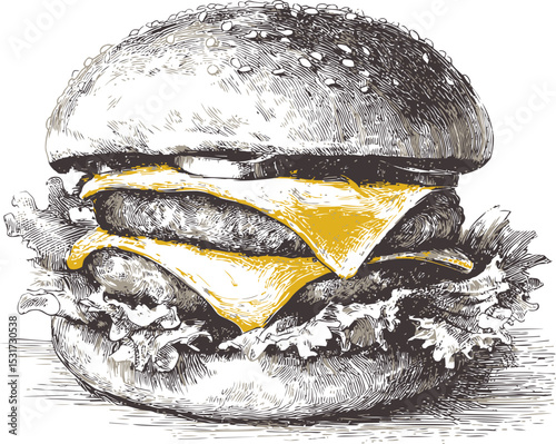 Detailed black and white sketch of a cheeseburger with lettuce and cheese layers. Vector illustration
