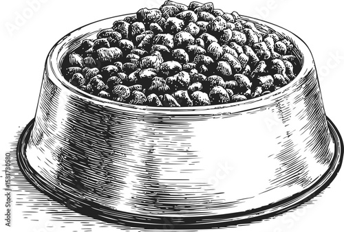 Illustration of a full pet bowl with dry kibble and engraved details. Vector illustration