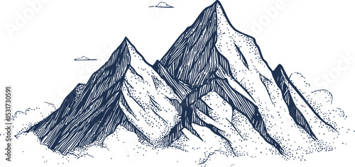 Hand-drawn sketch of majestic mountains with clouds in blue ink. Vector illustration
