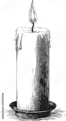 Melting candle with flame on a holder in detailed black and white. Vector illustration