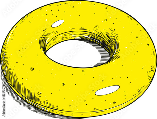 Yellow illustrated donut with textured shading, stylized sketch art. Vector illustration