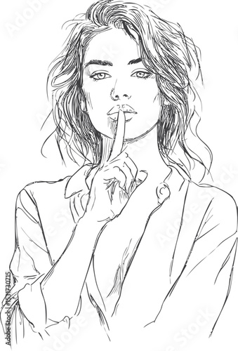 Elegant line art of woman with finger on lips in thoughtful pose. Vector illustration