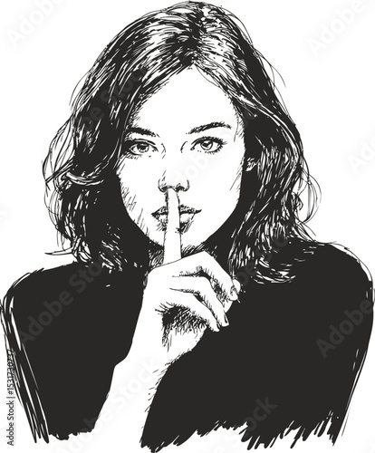 Sketch of a woman with finger on lips signaling silence, black and white drawing. Vector illustration