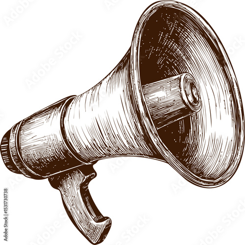 Etched illustration of a vintage megaphone with detailed textures, artwork style. Vector illustration