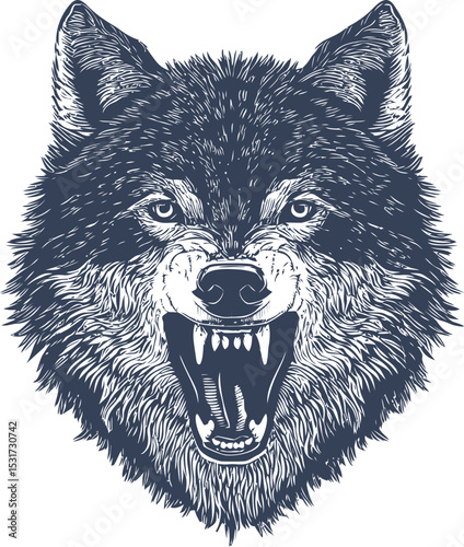 Fierce snarling wolf head with intricate line art in monochrome sketch style. Vector illustration
