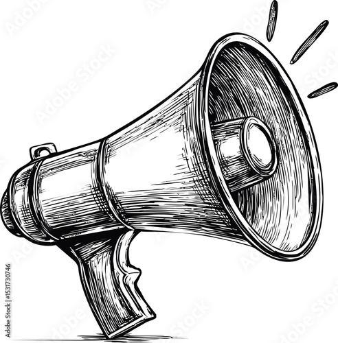Vintage illustration of a megaphone with sound lines in black and white sketch. Vector illustration