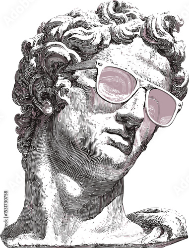 Classic sculpture head wearing modern sunglasses in artistic sketch. Vector illustration