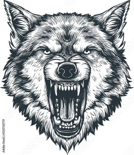 Ferocious wolf head illustration with bared teeth in black and white sketch. Vector illustration