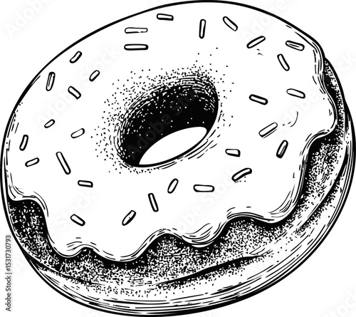 Hand-drawn donut with icing and sprinkles in a detailed black and white sketch. Vector illustration